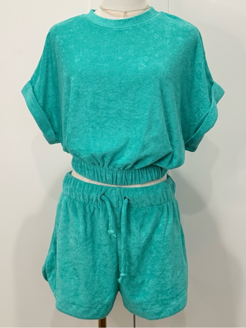 Elan Terry Cloth Matching Set Crop Top Shorts Teal Small Medium Beachy Resort - Picture 2 of 12